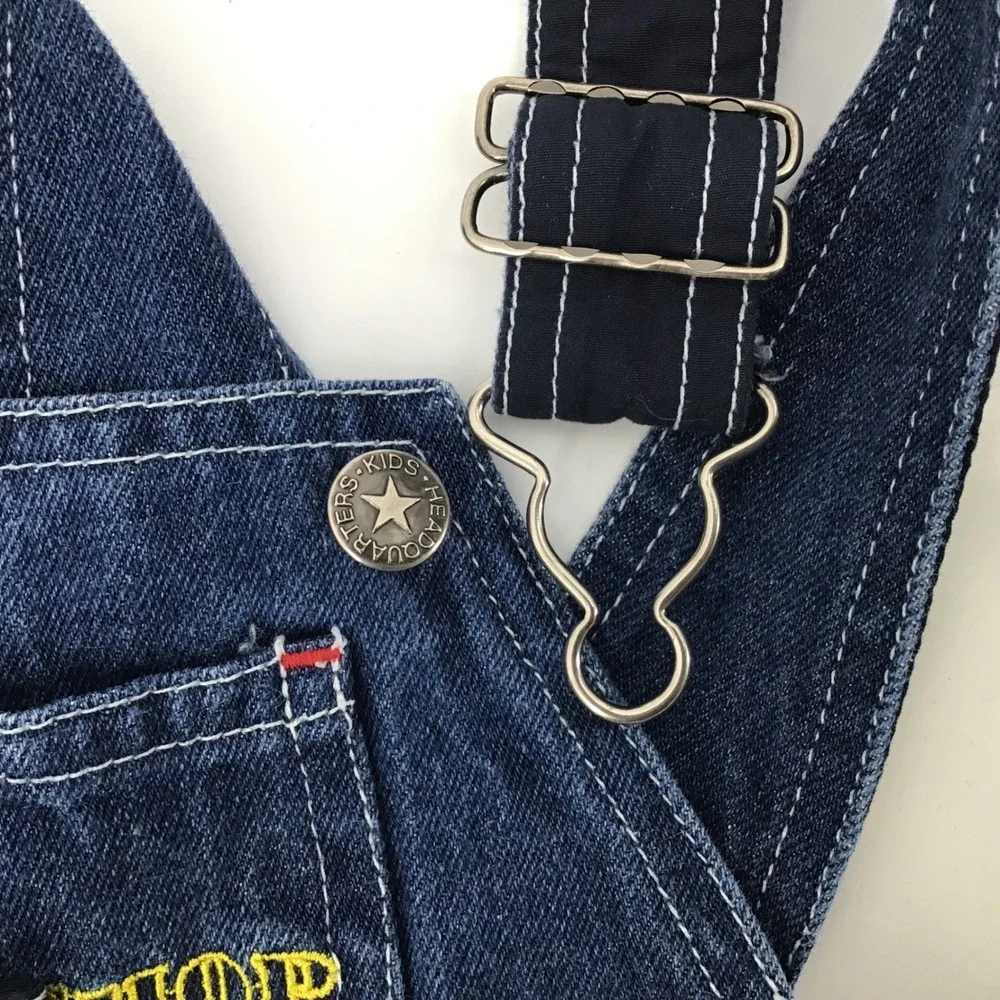 Vintage Kids Headquarters Tool Shop Builder Denim Overalls Shorts 3T Embroidered